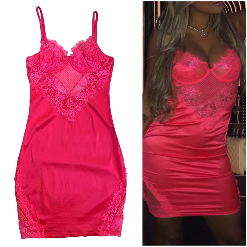 Pink Neon Silk Lace Dress, Summer Dress, Trendy Dress, Sexy Dress, Pink Dress